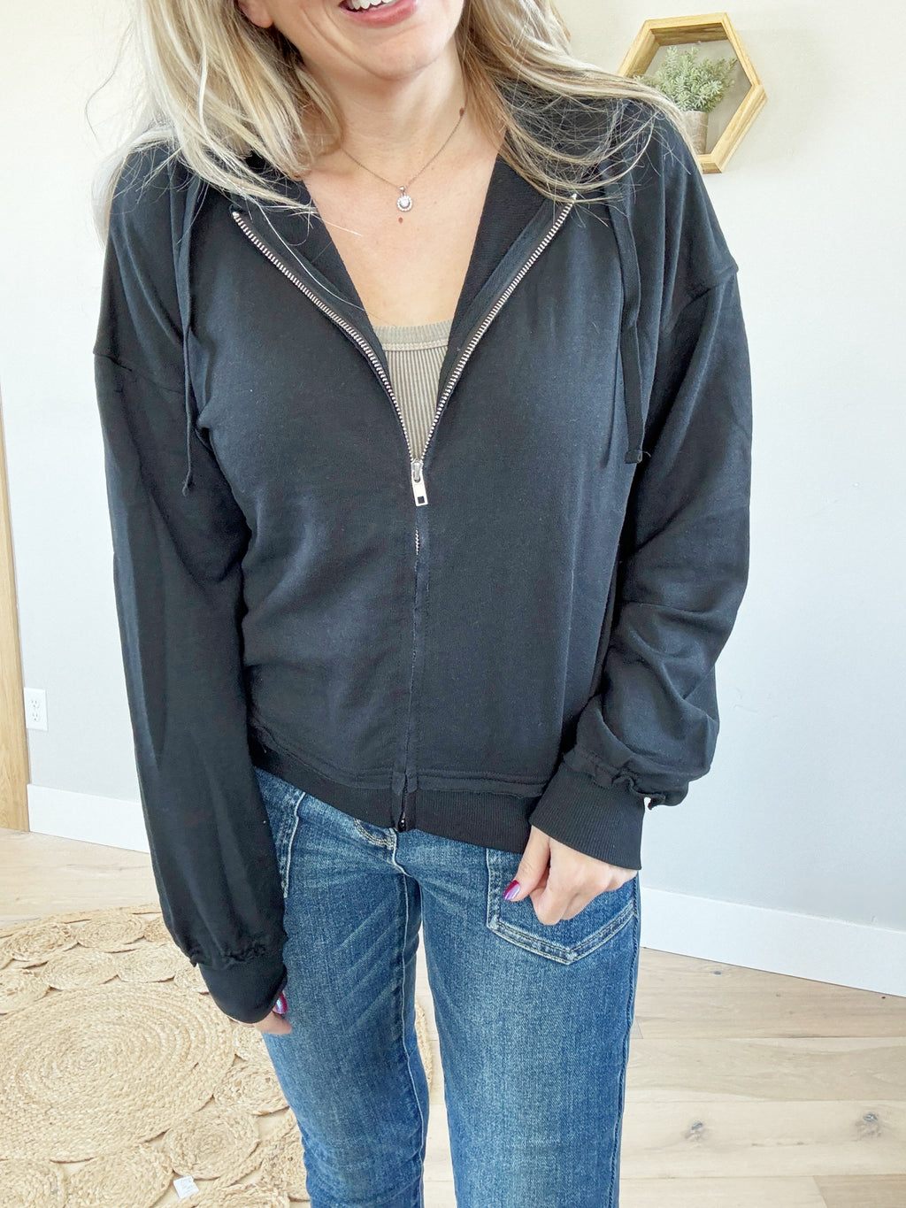 Adored Raw Hem Zip-Up Hoodie in Black