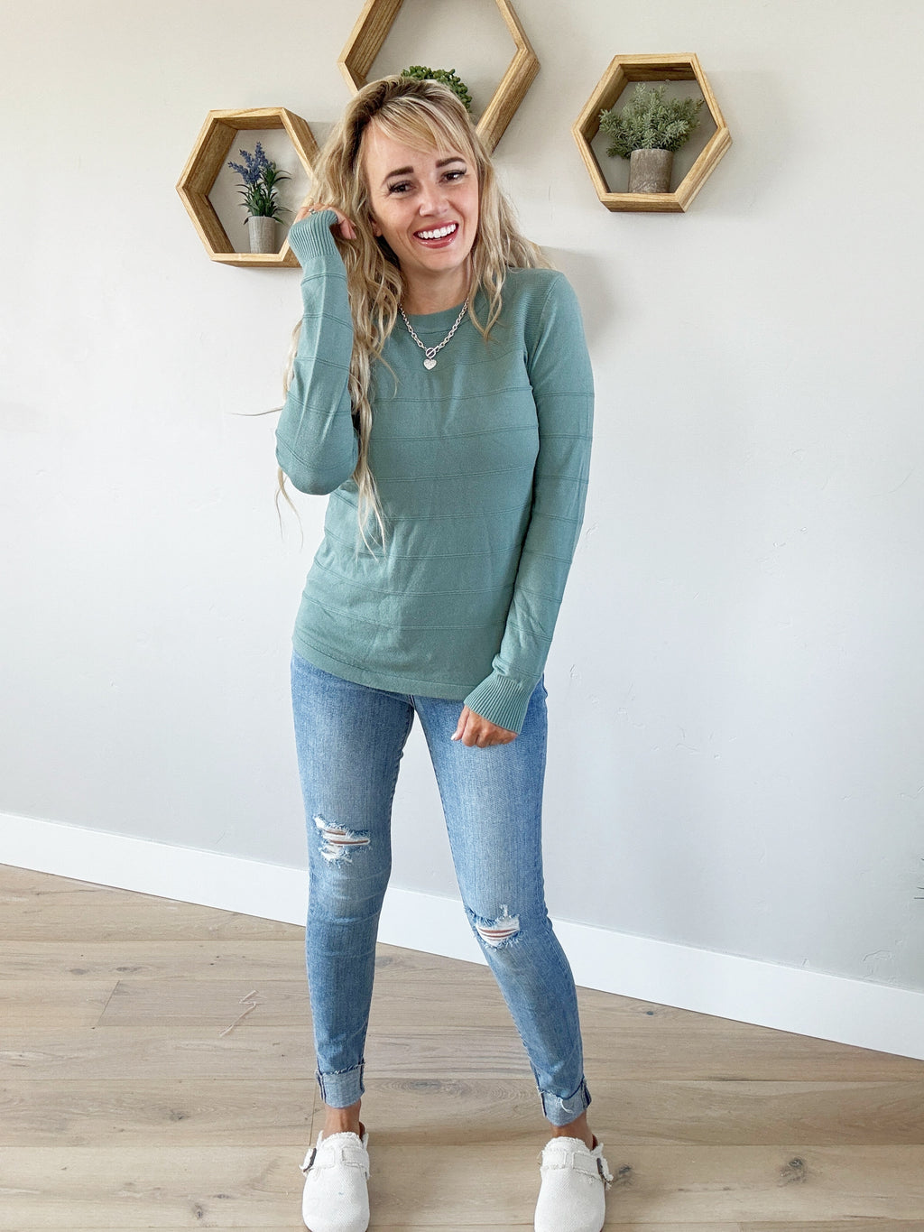 Believe Crew Neck Sweater with Pintucked Detail in Aqua