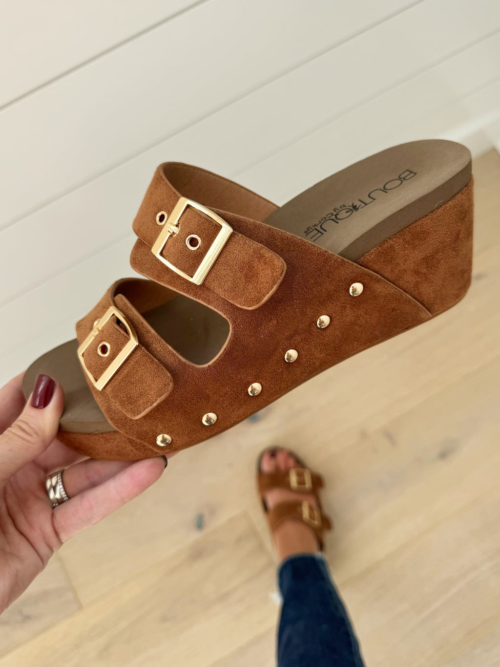 Corkey's Wedge Sandal in Cognac Suede