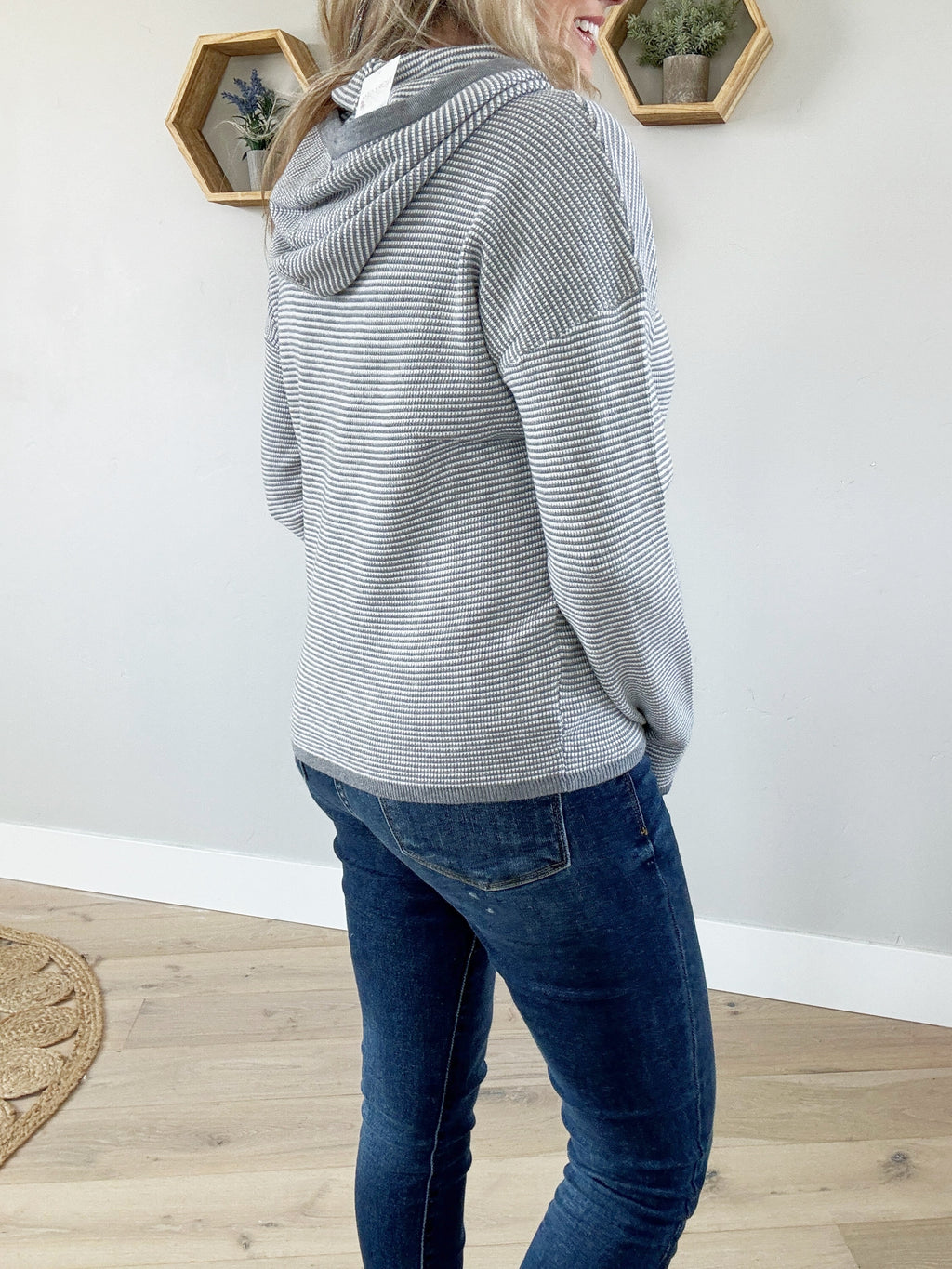 Better Off Striped Hoodie Pullover Sweater in Heather Gray