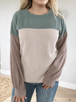 Time To Love Color Block Top in Moss Oatmeal and Mocha