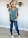 Wanted V-Neck Pointelle Knit Top in Dusty Blue