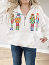 Enchanting Nutcrackers Embroidery Christmas Zip-Up Hoodie in Off-White