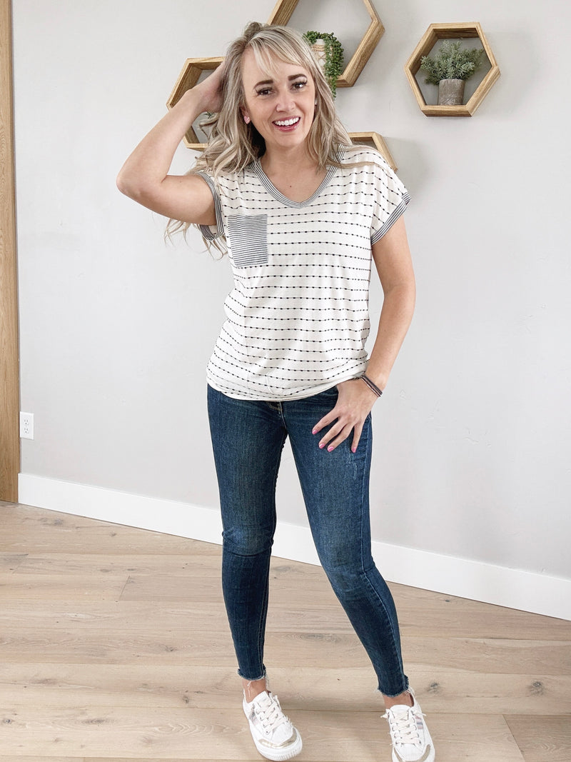 You Before Me V-Neck Dotted Striped Top in Ivory and Black