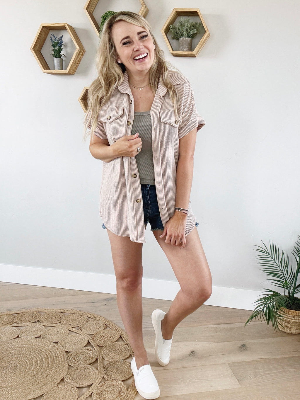 Pretty Potential Solid Ribbed Button Down in Cream