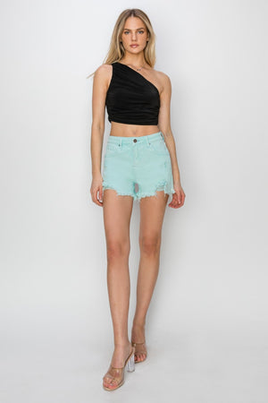 Risen Mid Rise Frayed Hem Denim Shorts