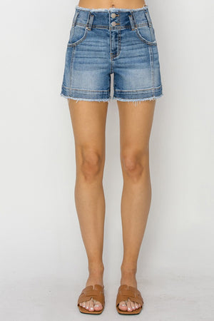 Risen High Rise Seam Detailed Raw Edge Denim Shorts