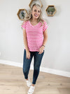 Jessie's Girl V-Neck Striped Short Sleeve in Hot Pink