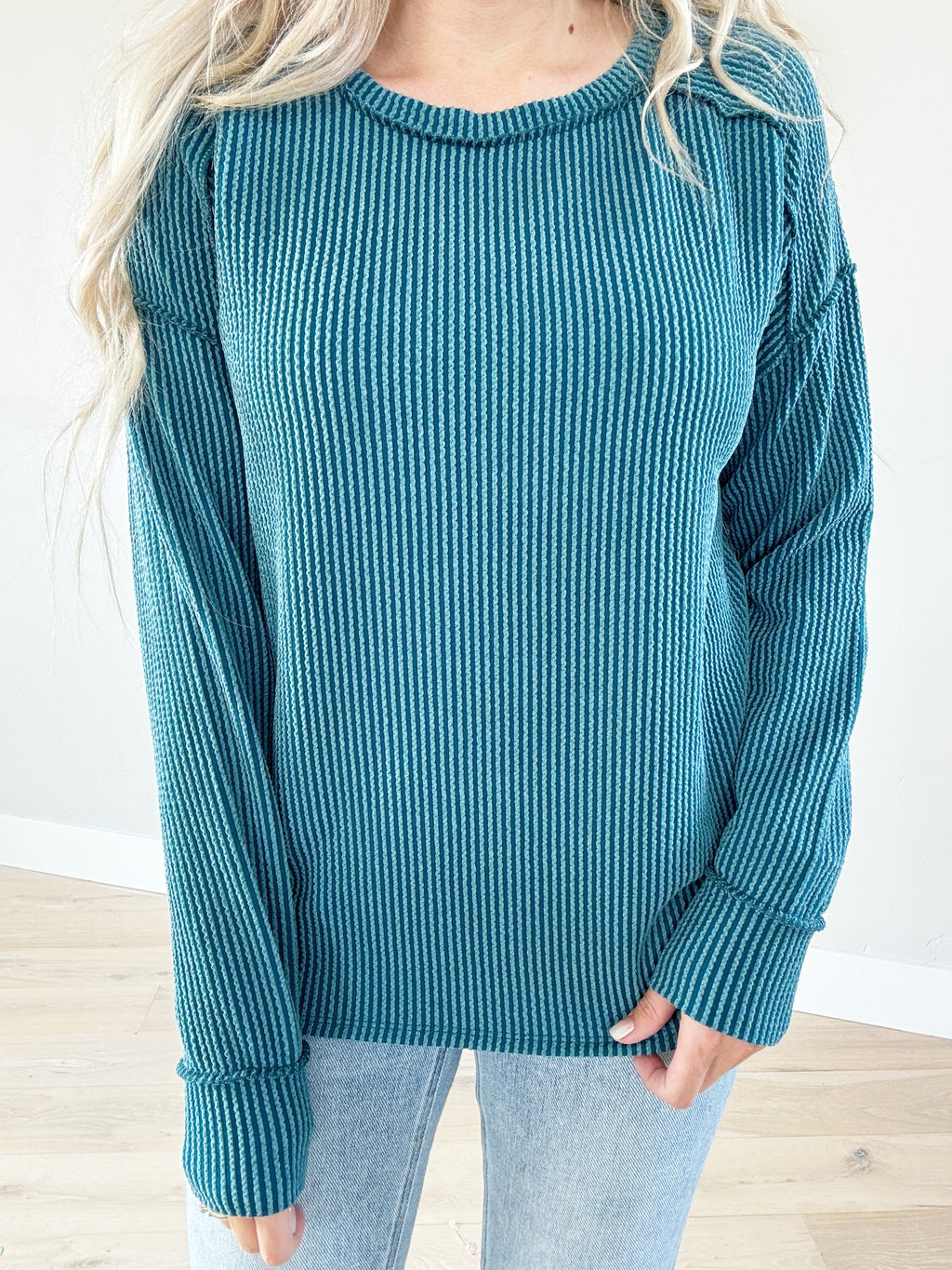 On My Way Solid Ribbed Long Sleeve in Jade