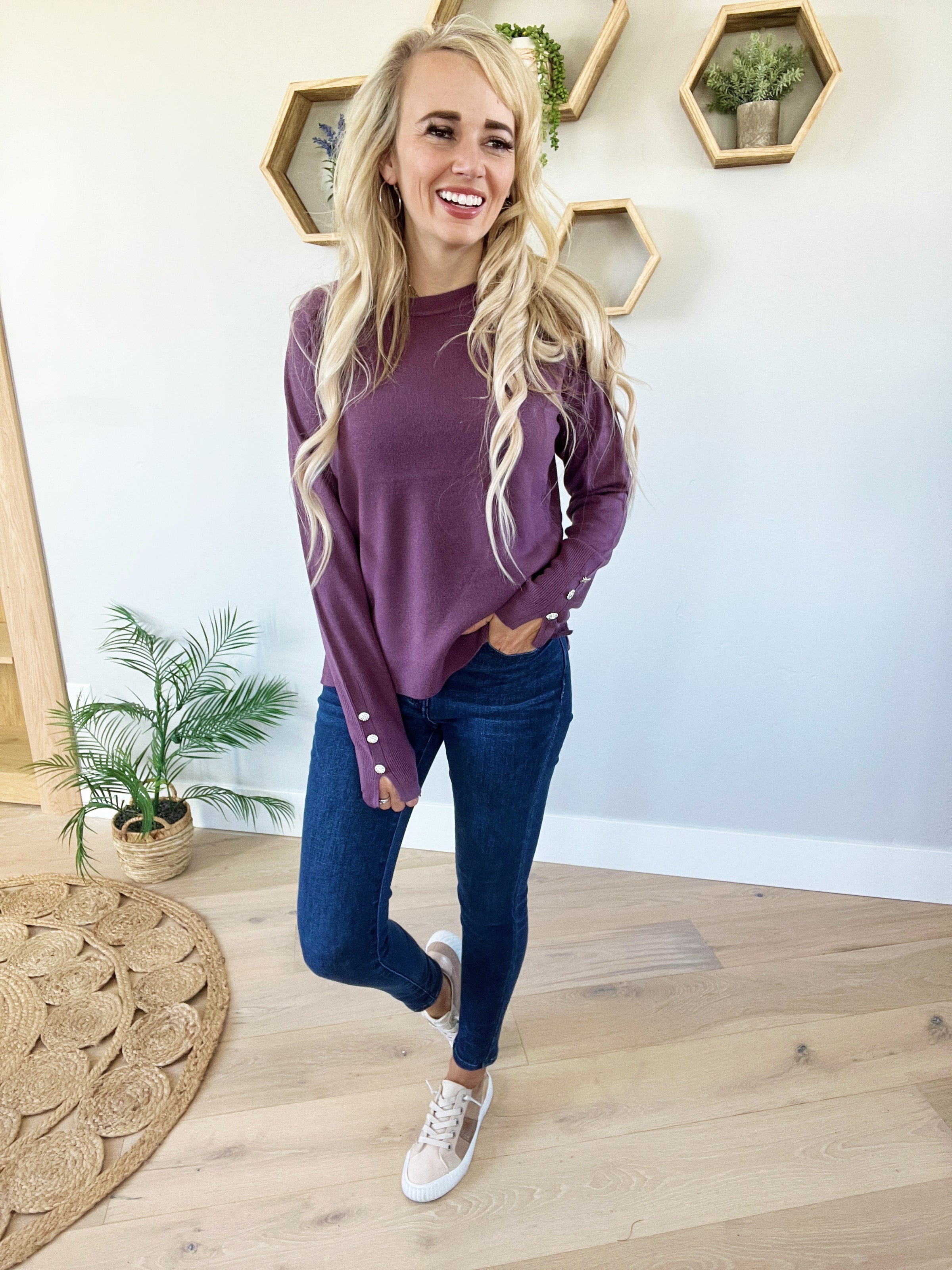 Best In Show Button Cuff Sweater in Plum