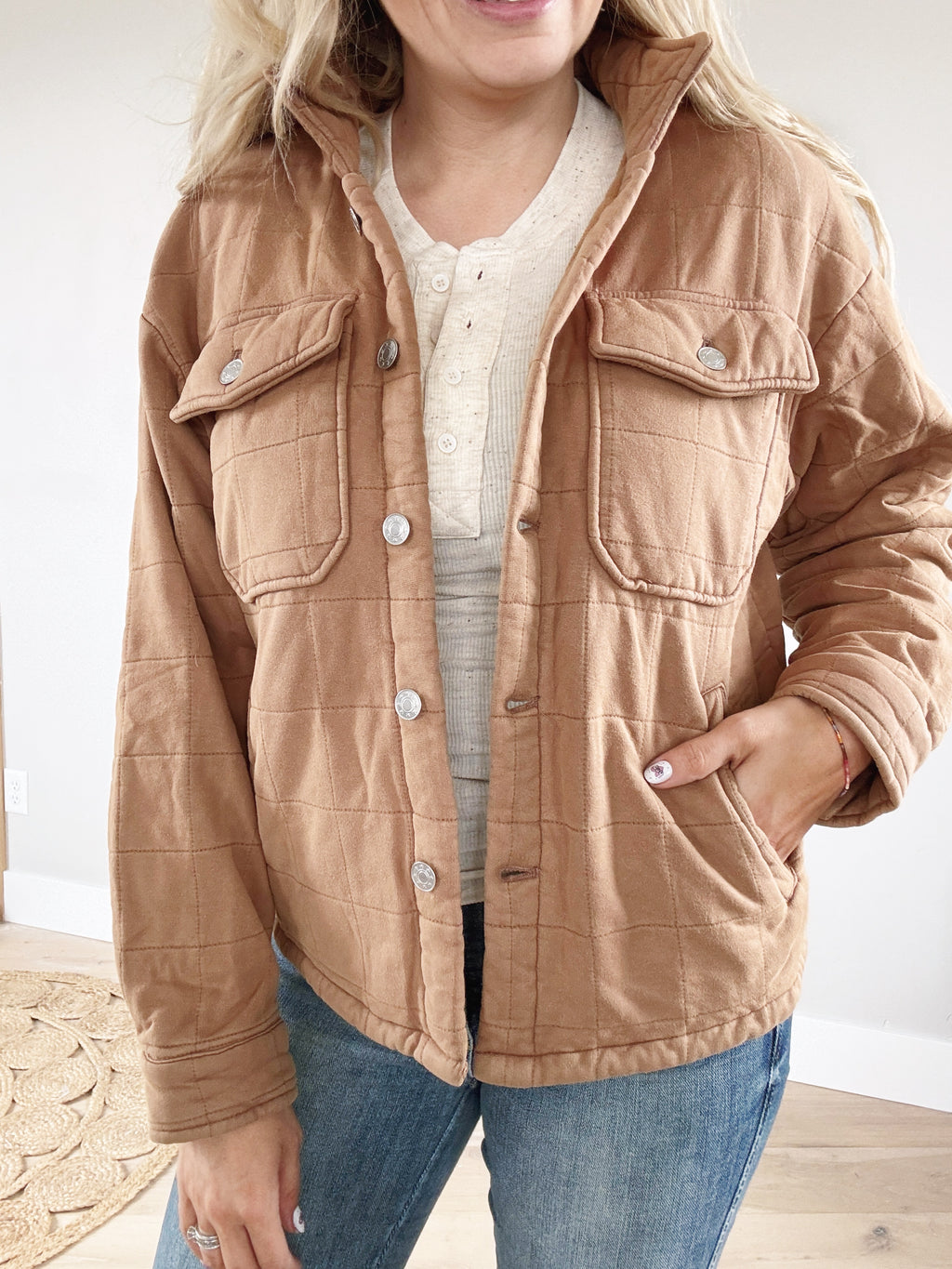 A Little Outdoorsy Mineral Pocket Button Down Shacket in Mocha