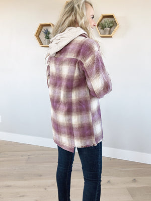 Unbalanced Raw Hem Plaid Hooded Jacket in Purple Mix