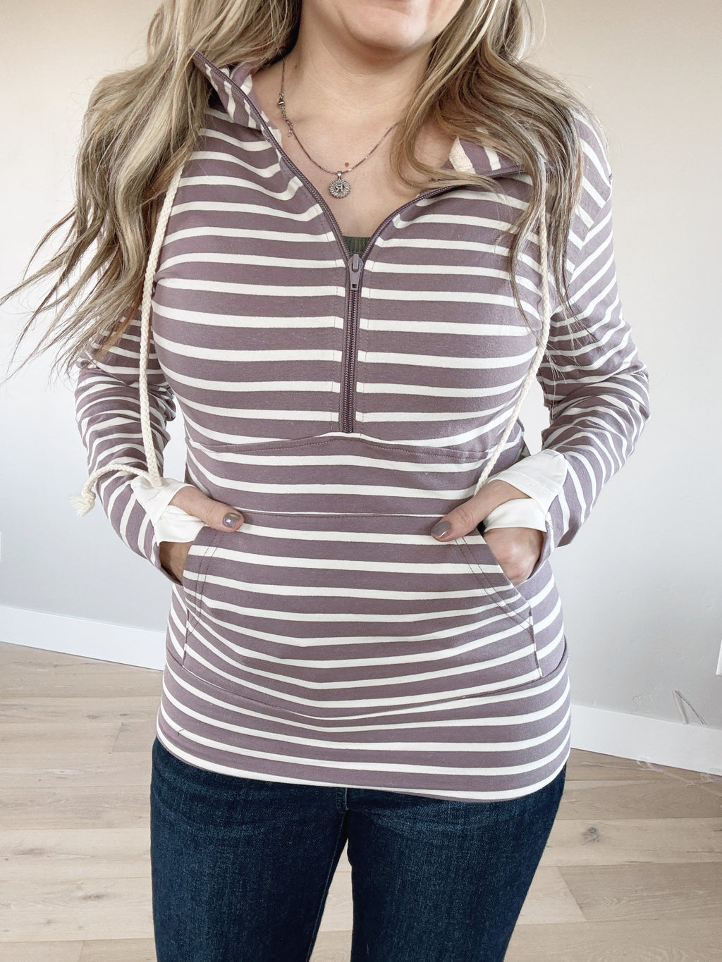 Another One Bites the Dust Half Zip Striped Hoodie in Dusty Purple and Ivory