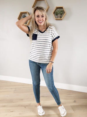 Only One for Me Striped Short Sleeve in Ivory and Navy