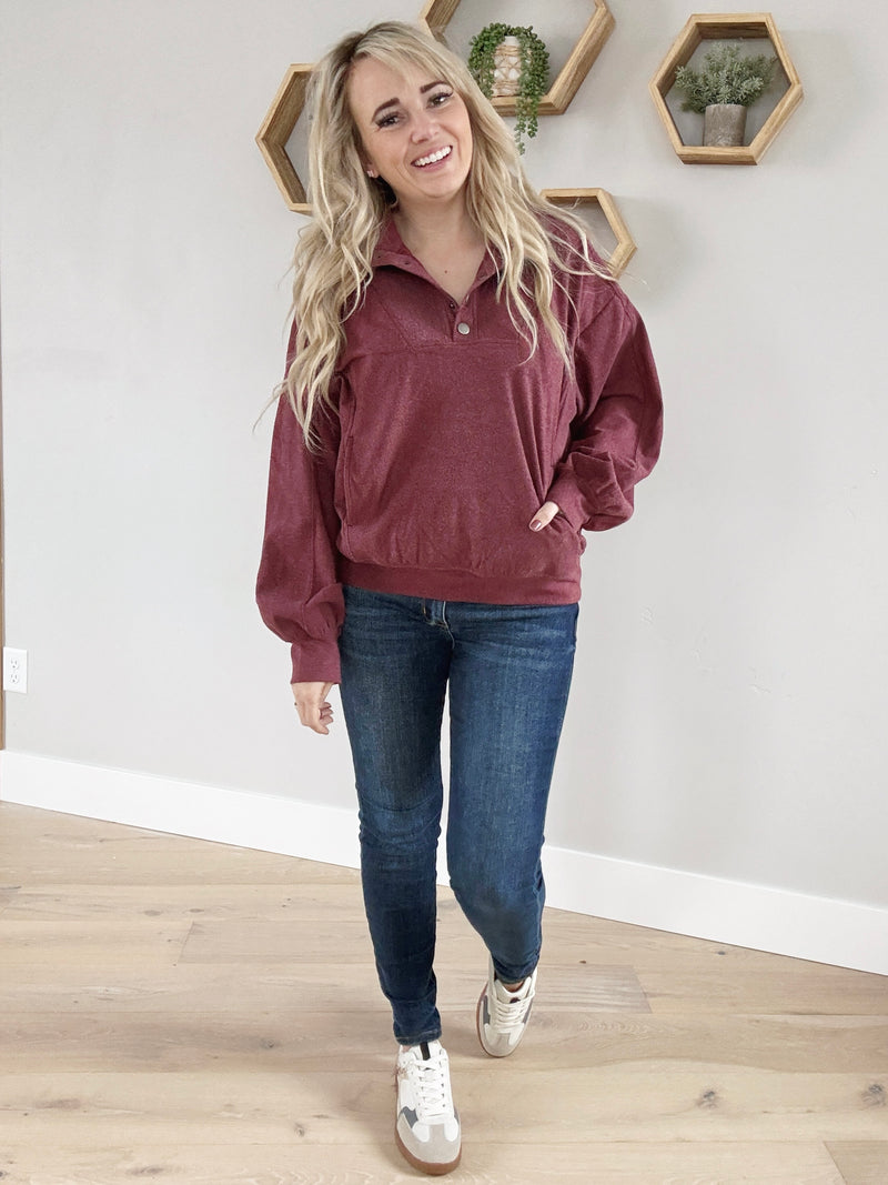 Stand Up Brushed Long Sleeve Top in Wine