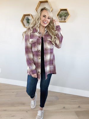 Unbalanced Raw Hem Plaid Hooded Jacket in Purple Mix