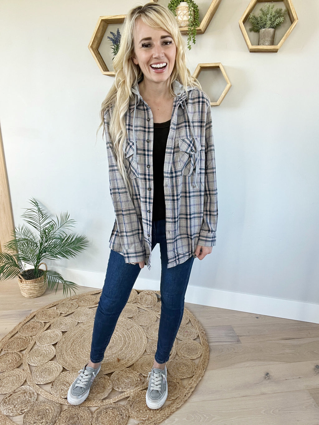 Tell It Like It Is Plaid Hooded Top in Navy and Cream