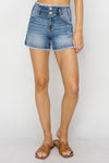 Risen High Rise Seam Detailed Raw Edge Denim Shorts