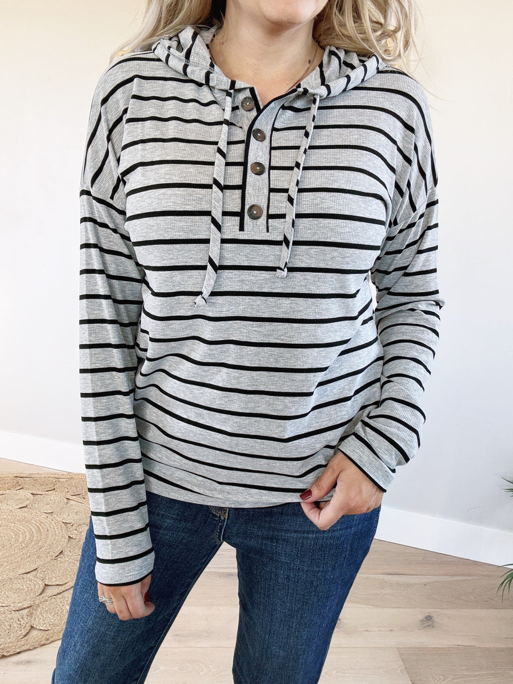 Mystery Solved Half Button-Down Hooded Striped Top in Heather Gray