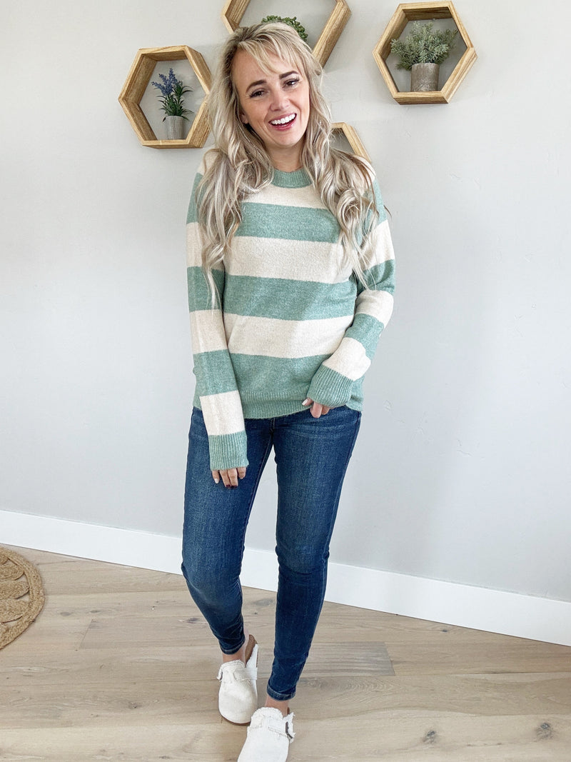 Only You Striped Color Block Crew Neck Sweater in Dark Mint