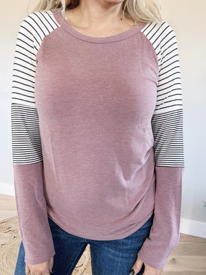 It's Time Long Sleeve with Striped Shoulders in Mauve