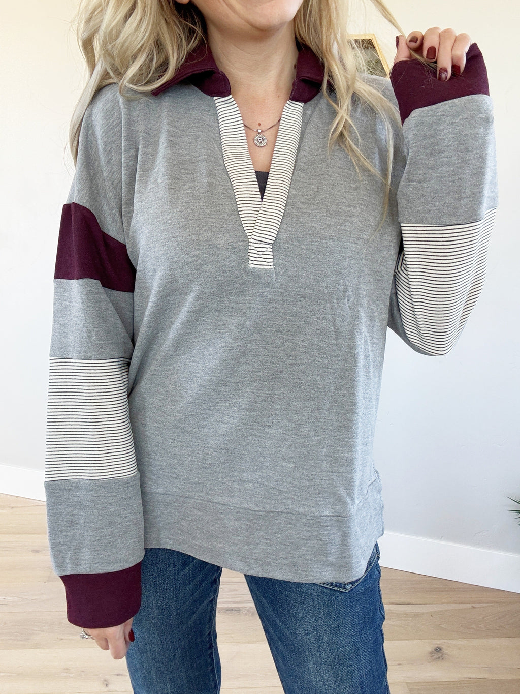 Model Look Jersey Stripe Color Block Pullover in Charcoal and Eggplant