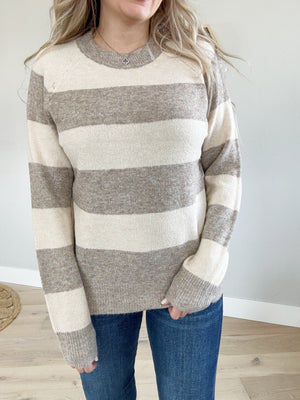 Only You Striped Color Block Crew Neck Sweater in Mushroom