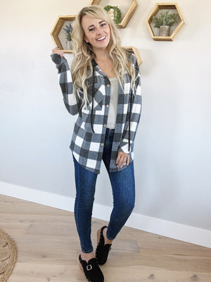 Sit Back Checkered Hooded Flannel in Black and Ivory