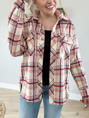 Popularity Hooded Plaid Shacket in Pink