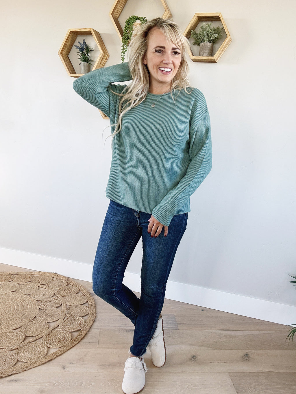 The Sutton Soft Waffle Knit Raw Hem Sweater in Teal Green