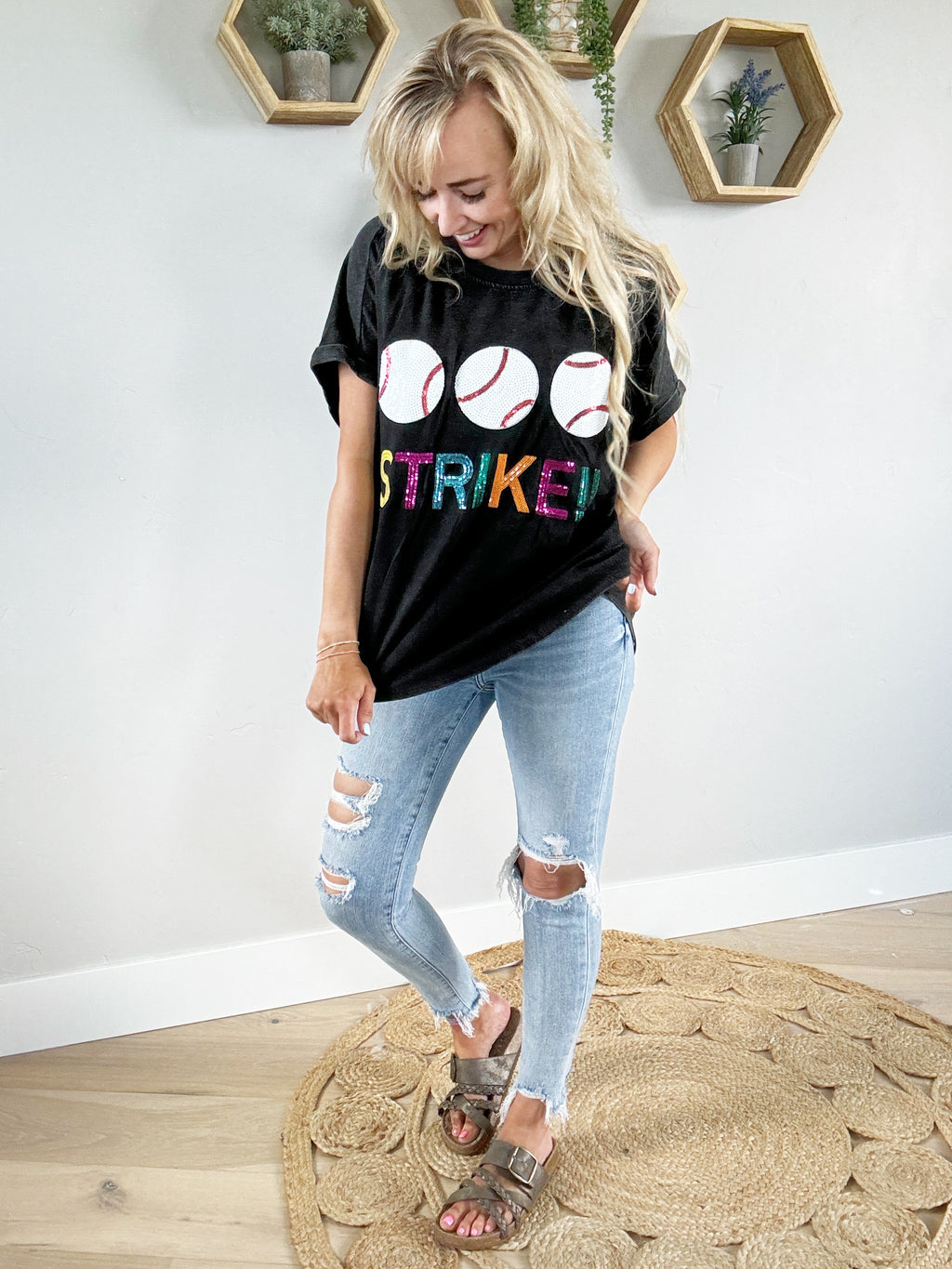 Take Me Out Sequins Baseball Strike Short Sleeve Top in Black Charcoal