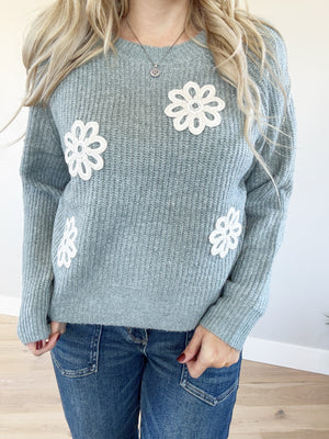 Day Dreamers Sweater with Flower Detail in Blue