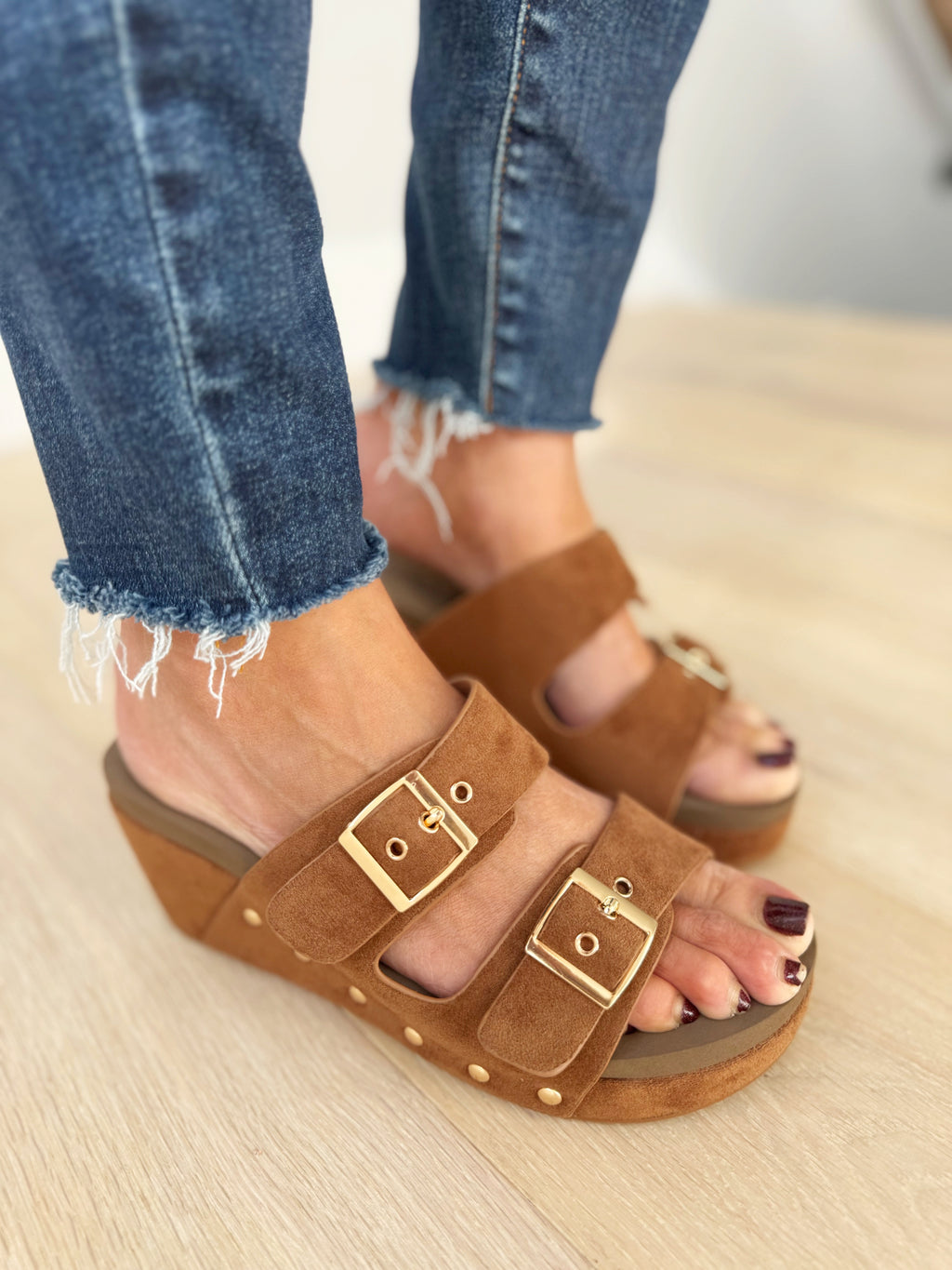 Corkey's Wedge Sandal in Cognac Suede