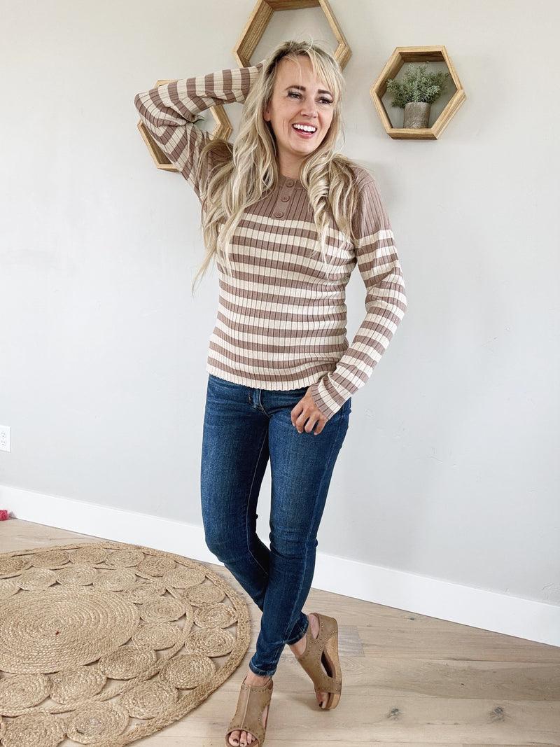 Girlfriend Contrast Striped Henley Top in Mocha and Stone