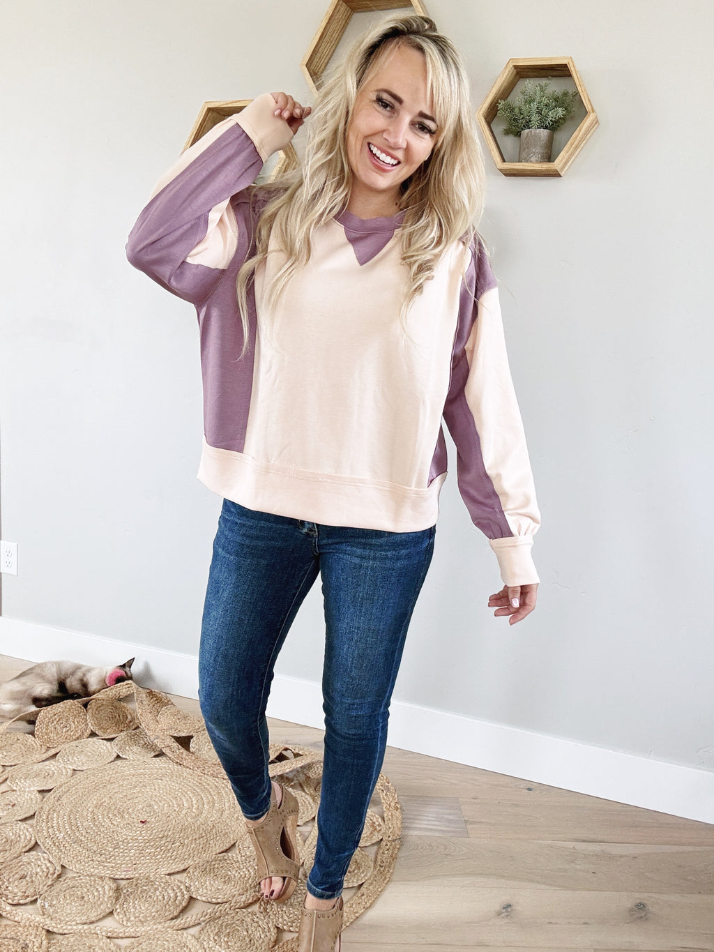 Intriguing Long Sleeve Color Block Top in Apricot