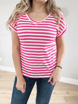 Jessie's Girl V-Neck Striped Short Sleeve in Hot Pink