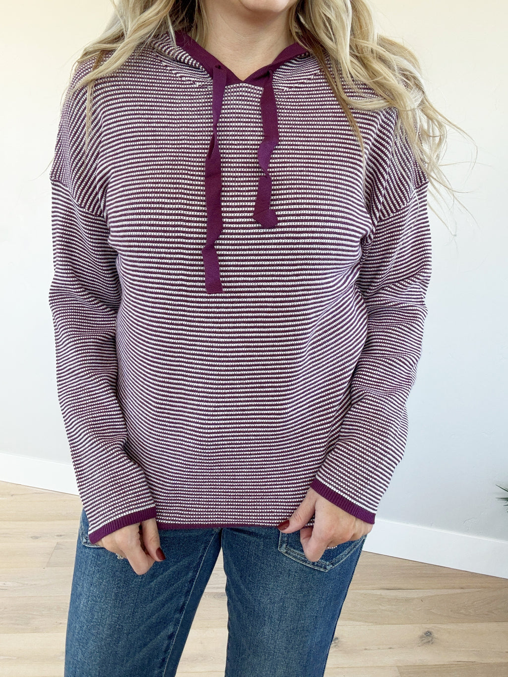 Better Off Striped Hoodie Pullover Sweater in Eggplant