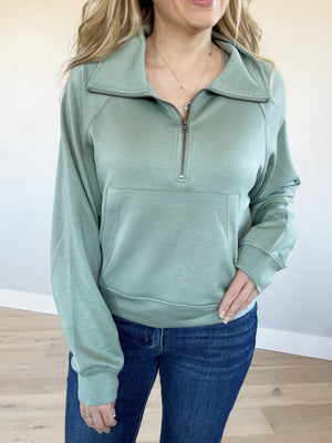 Happy Days High Neck Half-Zip Sweatshirt in Sage Green