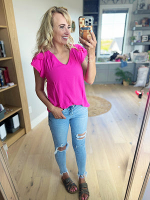 Surprise Party V-Neck Scallop Tulip Sleeve Top in Fuchsia