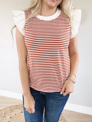 Game Day Striped Ruffle Sleeve Top in Longhorn Orange