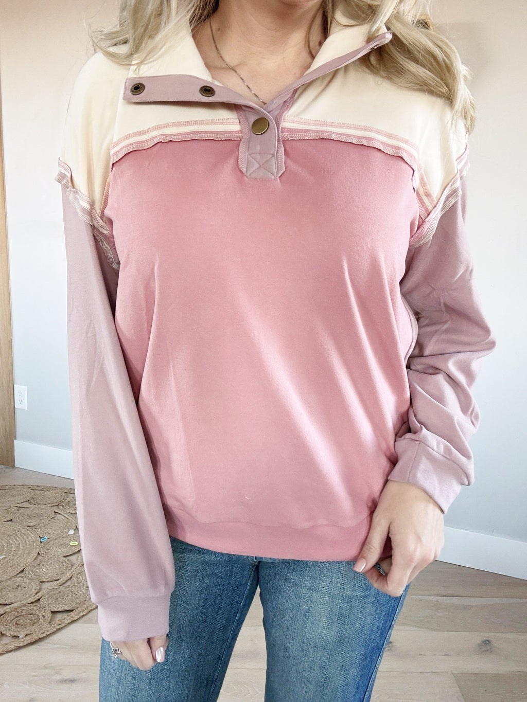 Attention Grabber Color Blocked Quarter Snap Pullover in Mauve