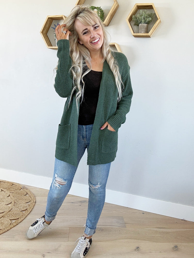 Homebound Open Front Sweater Cardigan in Kale