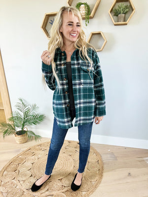 Wild and Free Plaid Shacket in Hunter Green Combo