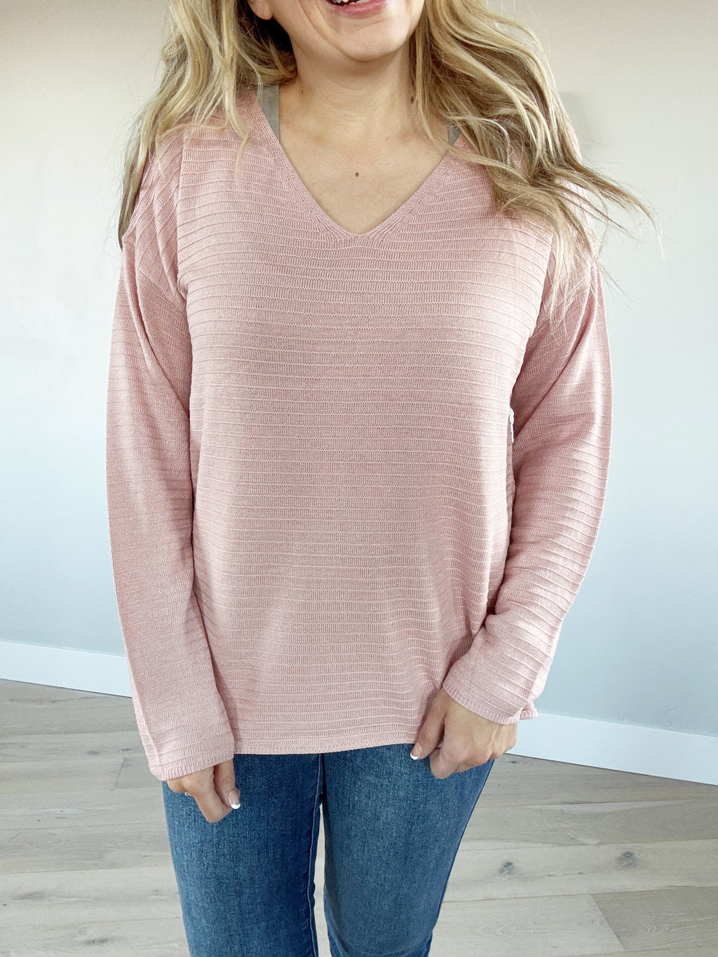 Message Me V-Neck Pintuck Striped Sweater in Dusty Pink