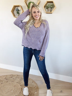 Strike A Pose Sweater with Scalloped Edge in Grape