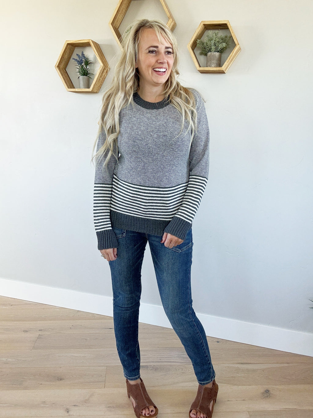 Like Yesterday Multi-Striped Crew Neck Sweater in Charcoal