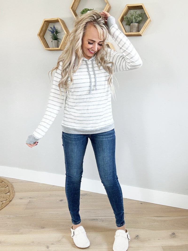 Showoff Striped Hooded Top in Heather Gray