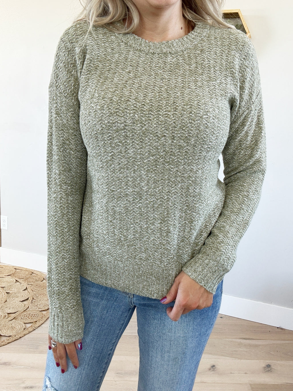 Stronger Than Yesterday Textured Crew Neck Sweater in Light Olive