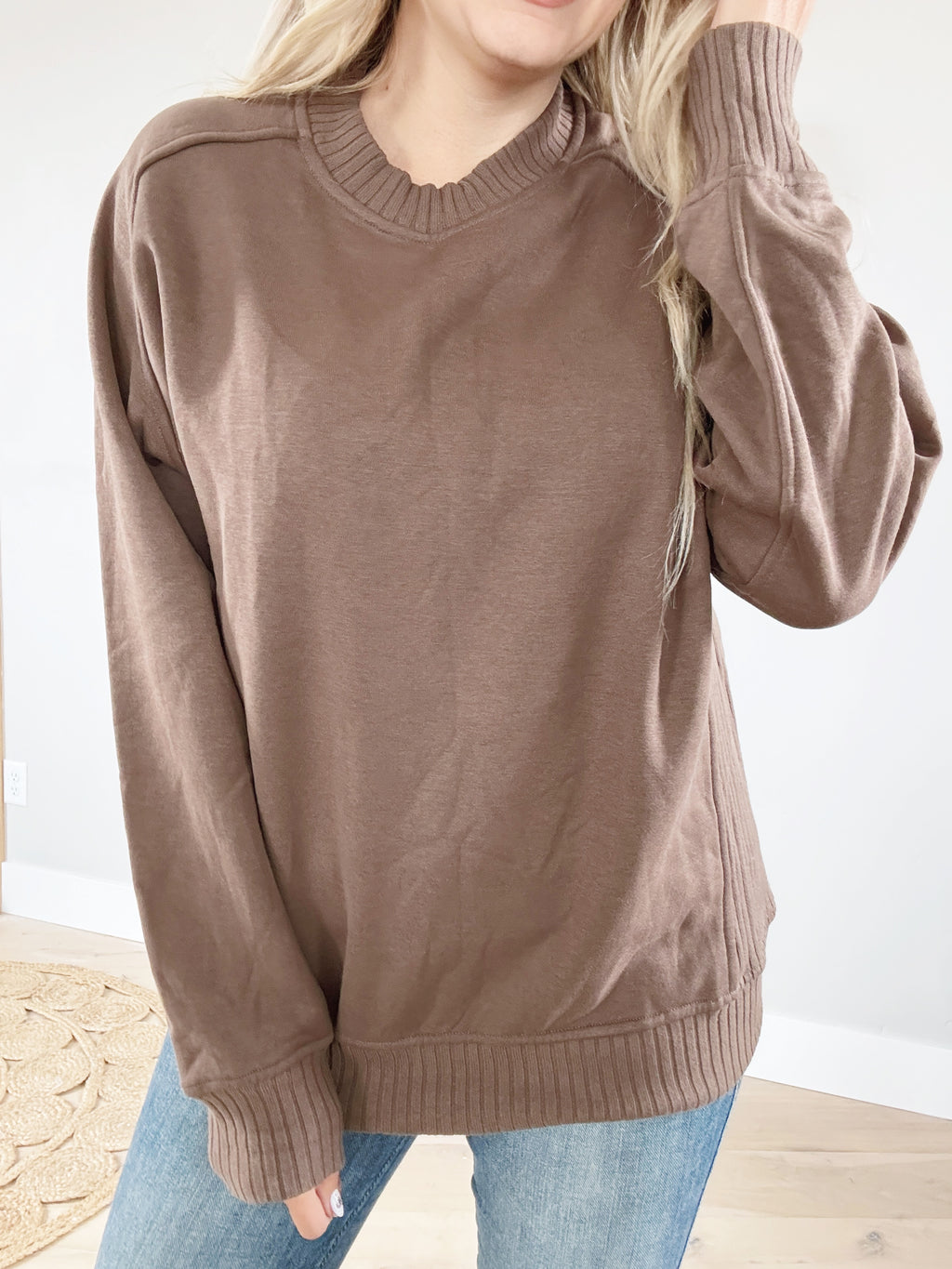 Little Bit of Love Fleece French Terry Crew Neck in Coffee