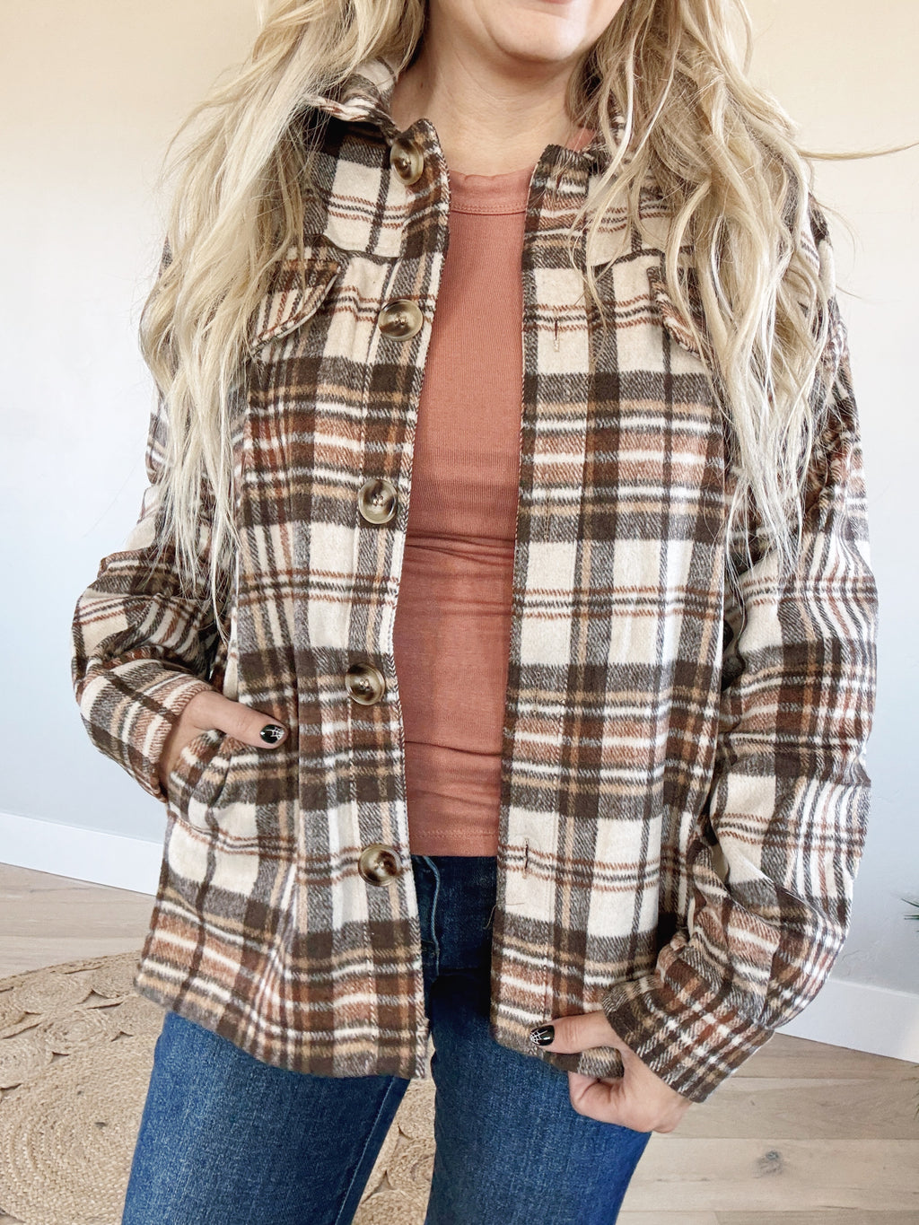 Bonfire Plaid Button Down Shacket in Taupe